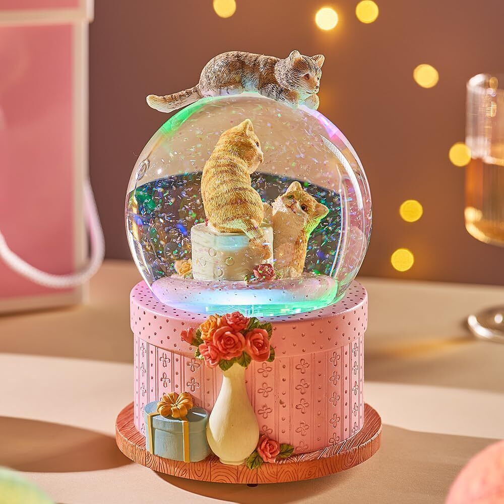 9427 Gift Wrapped Music Box Cat Lovers Flower Basket Musical Snow Globe